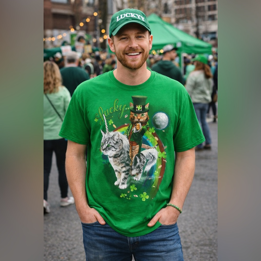 Lucky  St Patrick’s Cat Graphic Tee Green 2XL Shamrock Funny